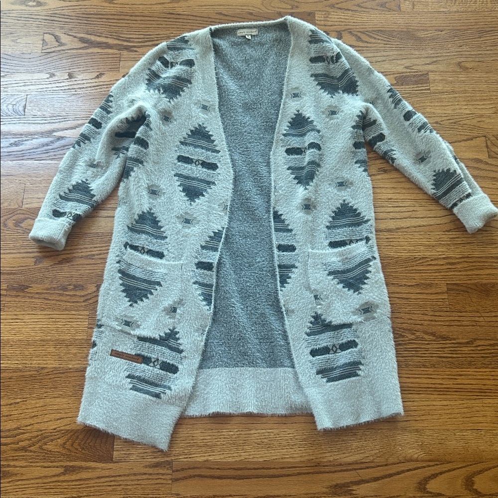 Simply Southern Gray and Patterned Duster Sweater Size Small - Picture 1 of 9